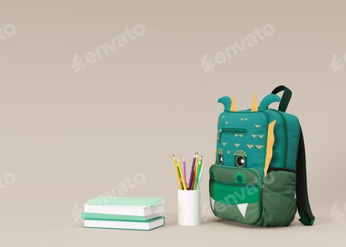 Preview: School stationery items on beige background with free space for text. Creative, colourful background