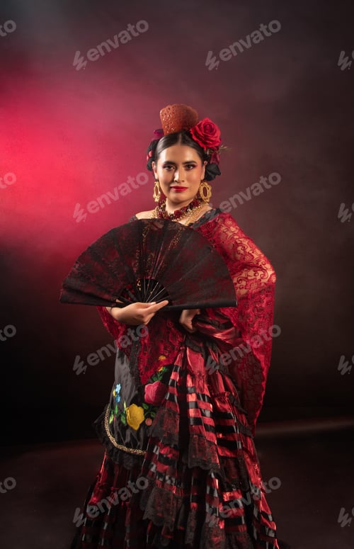 Preview: A woman in a red dress holding a fan