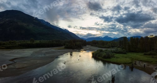 Preview: Aerial panoramic view of the river in the valley in the Canadian Mountain Landscape