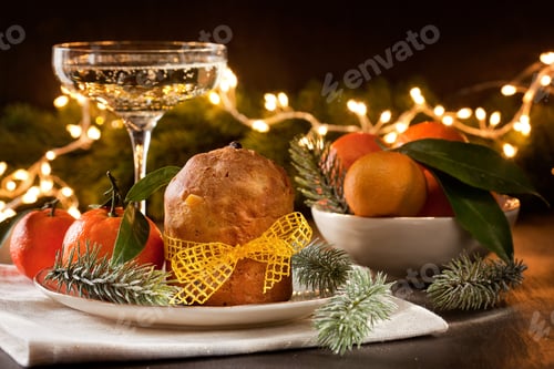 Preview: Winter holidays celebration with champagne and panettone traditional italian dessert