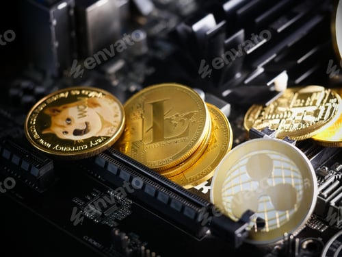 Preview: Closeup shot of gold L-coin cryptocurrencies on a coin maker