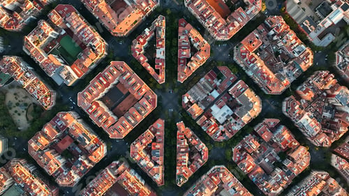 Preview: Aerial view of typical buildings of Barcelona cityscape. Eixample residential famous urban grid