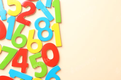 Preview: Colorful numbers on beige background, flat lay. Space for text
