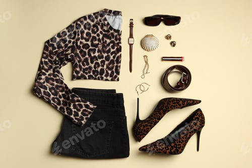 Preview: Stylish women's clothes and different accessories on beige background, flat lay