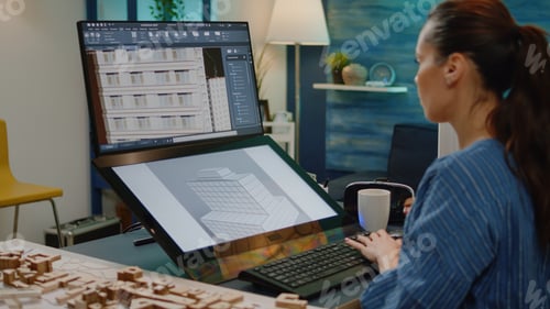 Preview: Businesswoman working on building model with touch screen