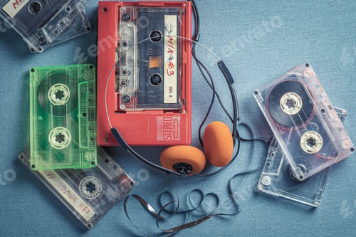 Preview: Vintage audio cassette with orange headphones and player.