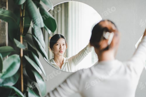 Preview: Asian woman looking through the mirror and confident of herself. cheer yourself up