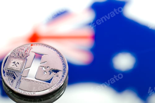 Preview: Coins litecoin, against the background of Australia and the Australian flag.