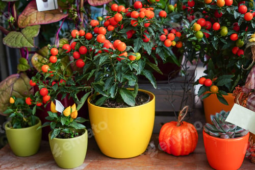 Preview: potted plants featuring vibrant red and orange berries, small peppers, and a succulent