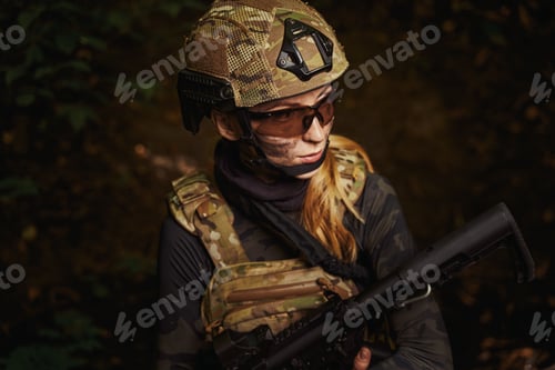 Preview: Cute female person working soldier in army forces