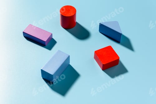 Preview: Blue background with red geometric figures casting shadows in a simple composition.