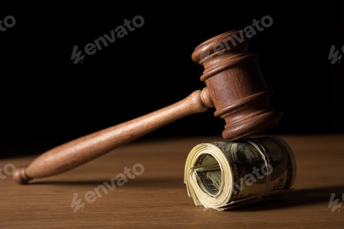 Preview: brown gavel on cash roll on wooden table isolated on black