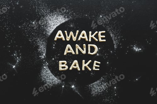 Preview: top view of cookies in forms of letters with powdered sugar, cookie dough