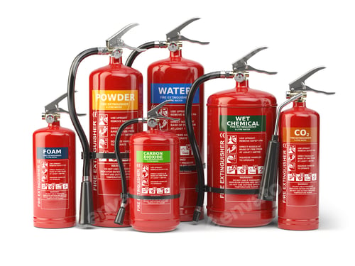 Preview: Fire extinguishers isolated on white background. Various types o
