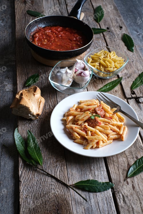 Preview: Rustic Pasta Meal with Tomato Sauce and Garlic
