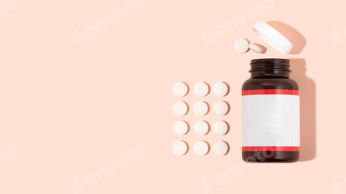 Preview: White vitamins in pills and glass bottle on a rose pink background. Few tablets
