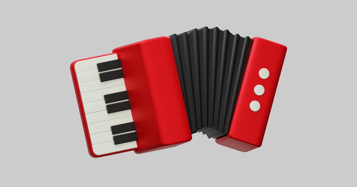 Cartoon red accordion instrument 3D, Incl. accordion & black - Envato