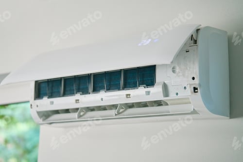 Preview: Air conditioner unit with opened front cover ready for maintenance