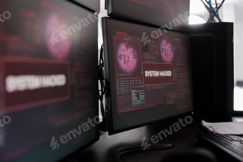 Preview: Hacked system alert message showing on multiple monitors