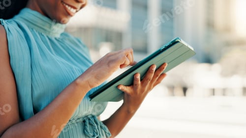 Preview: Business, tablet and woman in city, hands and connection with social media, network and internet. P