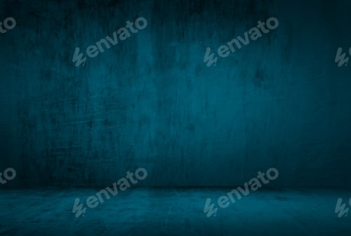 Preview: Vintage grunge blue concrete texture studio wall background with vignette.
