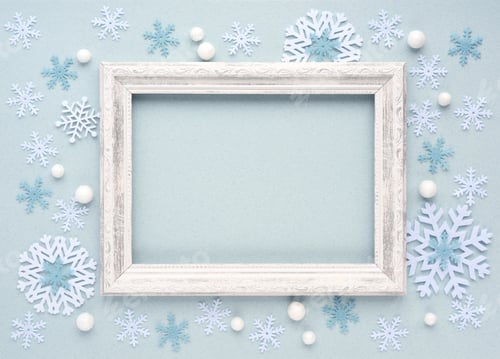 Preview: Christmas background. Photo frame and snowflakes on white background. Flat lay, top view, copy space