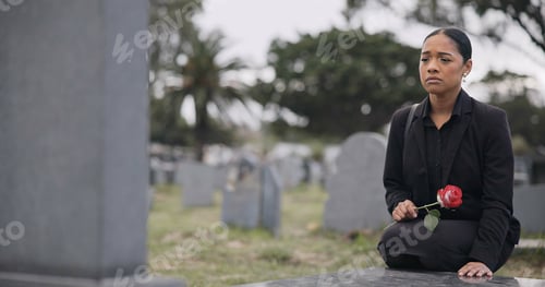 Preview: Sad woman, graveyard and rose on tombstone in mourning, loss or grief at funeral or cemetery. Femal