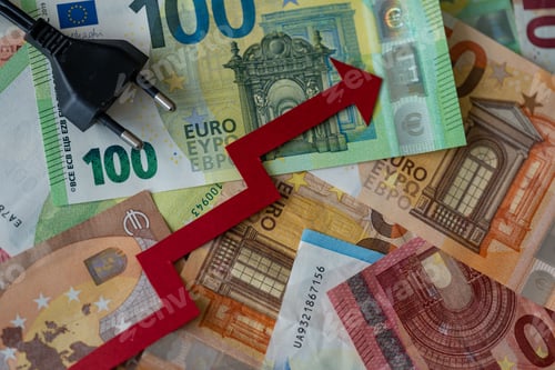 Preview: Power plug and red upward arrow on Euro banknotes - concept of rising electricity prices in Europe
