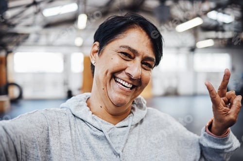 Preview: Gym, fitness and selfie of old woman with peace sign, smile and motivation for exercise in Brazil.