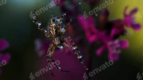 Preview: A large spider with water droplets on its body. Creative. A large insect sits on its web and purple