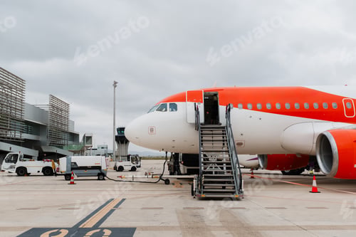 Preview: Airplane refueling and boarding at airport terminal on cloudy day