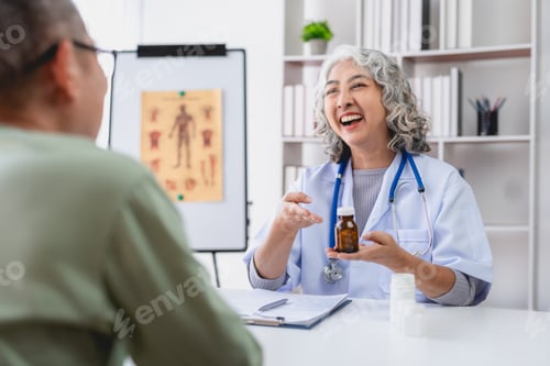 Preview: Cheerful doctor explaining medication to a patient with a smile, ensuring understanding