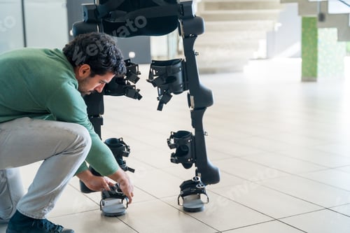 Preview: Mechanical exoskeleton engineer checking robot before delivery to customer.