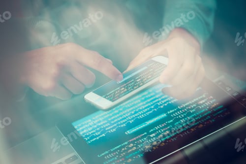 Preview: Hacker using computer, smartphone and coding to steal password and private data remotely from car