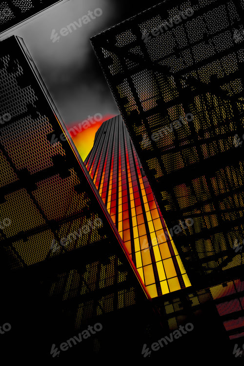 Preview: Skyscraper with a colorful sunset reflecting off its windows, framed by dark architectural elements