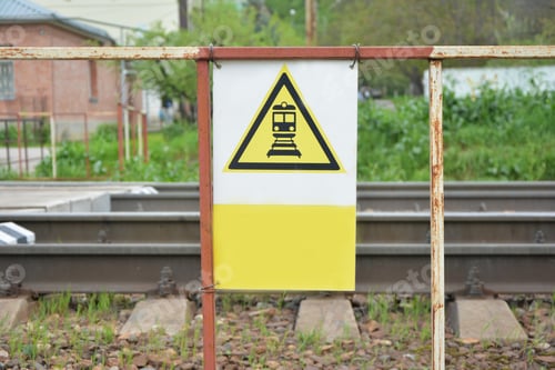 Preview: Beware of the train. A yellow triangle with a black image.Beware of the train.