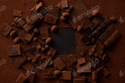 Preview: top view of chocolate pieces with nuts and cocoa powder on dark background