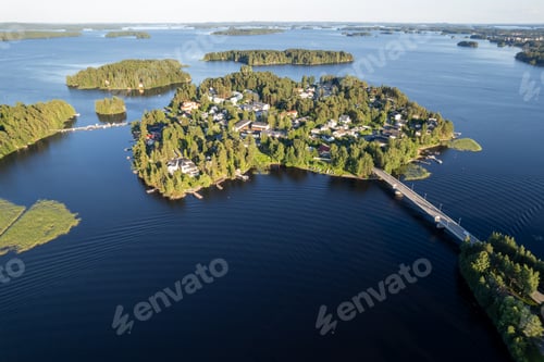 Preview: Aerial drone view of rono island with bridge. kallavesi lake Kuopio Eastern finland Europe