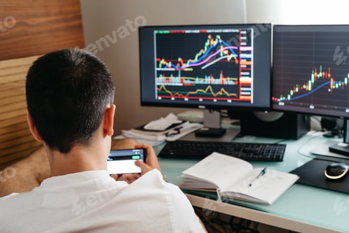 Preview: Successful young trader in casual wear working with charts and market reports at home
