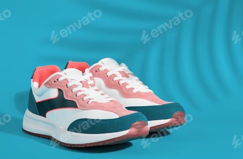 Preview: Trendy youth colorful shoes on blue background with plant shadow