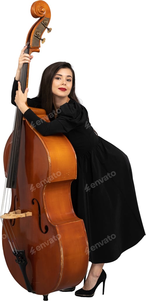 Preview: a woman in a black dress holding a cello