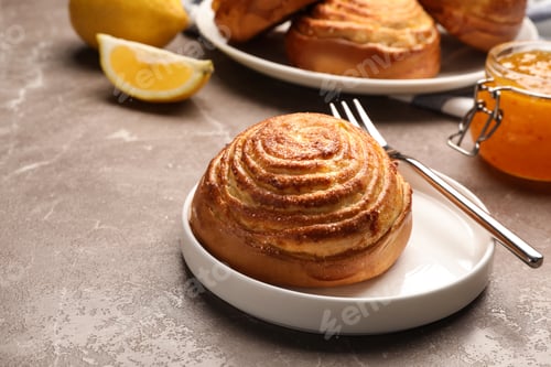 Preview: Plate with tasty bun on stone table, space for text. Fresh from oven