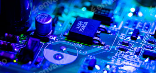 Preview: Close up of components and microchips on PC circuit board.