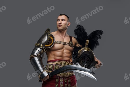 Preview: Muscular greek gladiator with plumed helmet and short sword