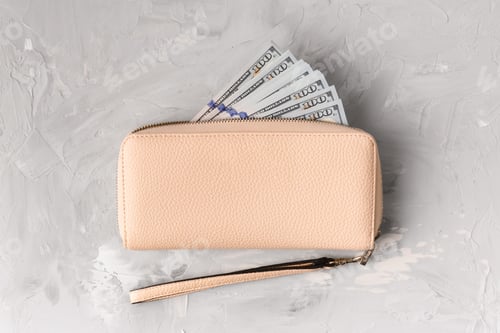 Preview: Stylish wallet with 100 dollars banknotes on a light gray background, top view.