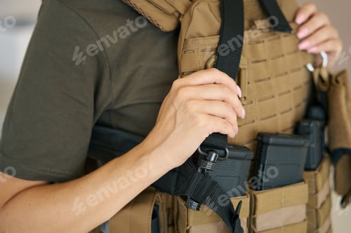 Preview: Strong female soldier is wearing a protective body armor