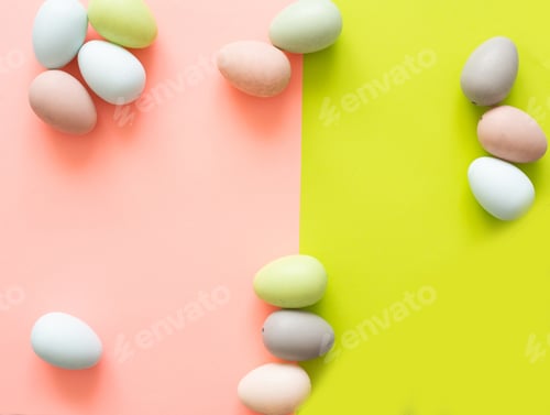 Preview: Colorful quail eggs on a light yellow background - an Easter composition. Background for greeting