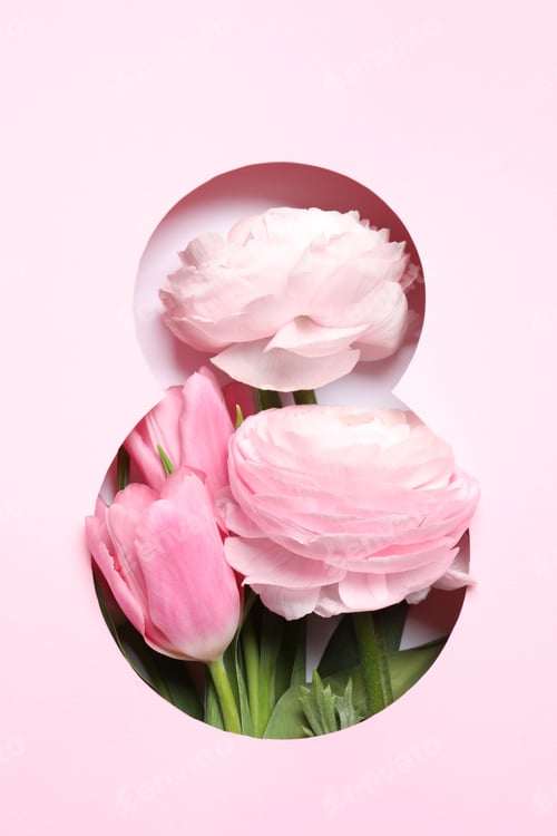 Preview: 8 March greeting card design with flowers, top view. Happy International Women's Day