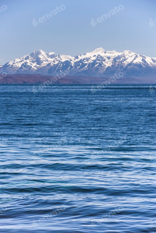 Preview: Cordillera Real Mountain Range (part of Andes Mountain Range) behind Lake Titicaca, seen from Isla d