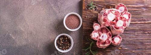 Preview: Pieces of raw oxtail and spices for cooking on a wooden board on the table top view web banner